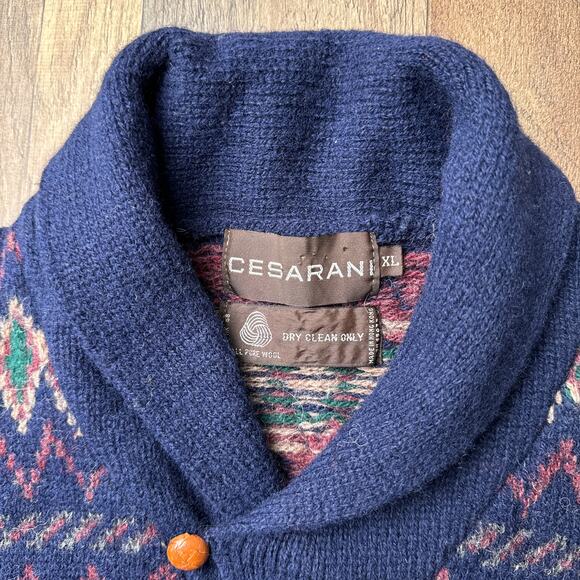 Vintage 100% Wool Knit Fair Isle V Neck Sweater Men's XL Blue Cesarani - Picture 4 of 10